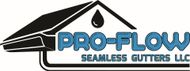Logo for Pro-Flow Seamless Gutters LLC, featuring a blue text design under a black roof icon with a water droplet.