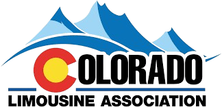 The colorado limousine association logo has a mountain in the background.