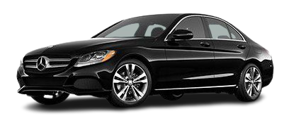 A black mercedes benz c class sedan is shown on a white background.