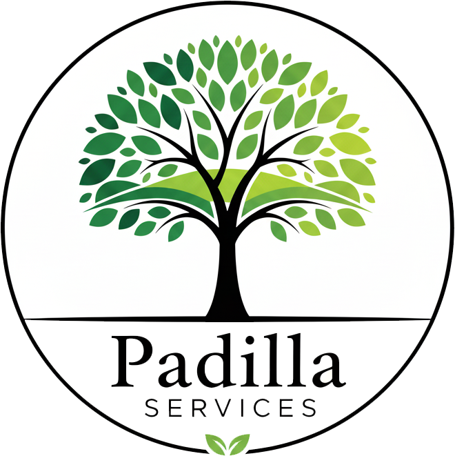 Circular logo: Tree with green leaves, black trunk, "Padilla Services" below.