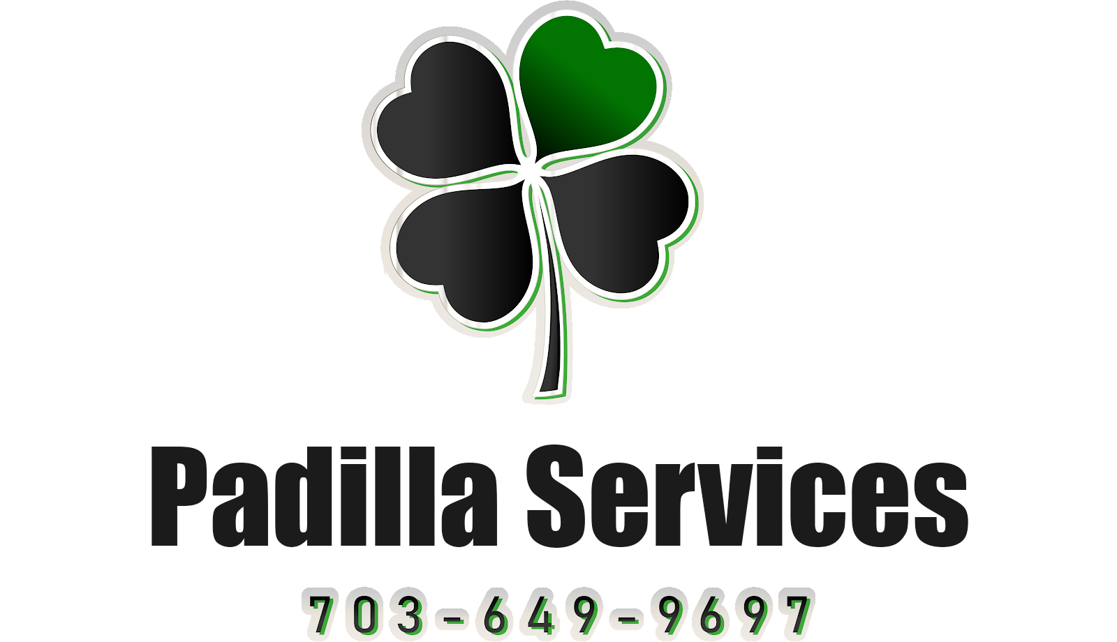 Circular logo: Tree with green leaves, black trunk, "Padilla Services" below.