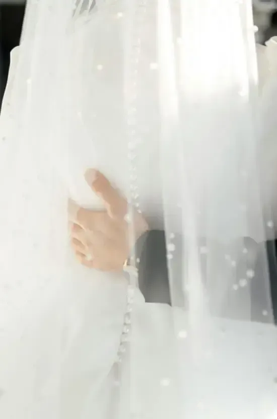 Groom's hand gently touching a bride's veil, with a line of buttons visible.