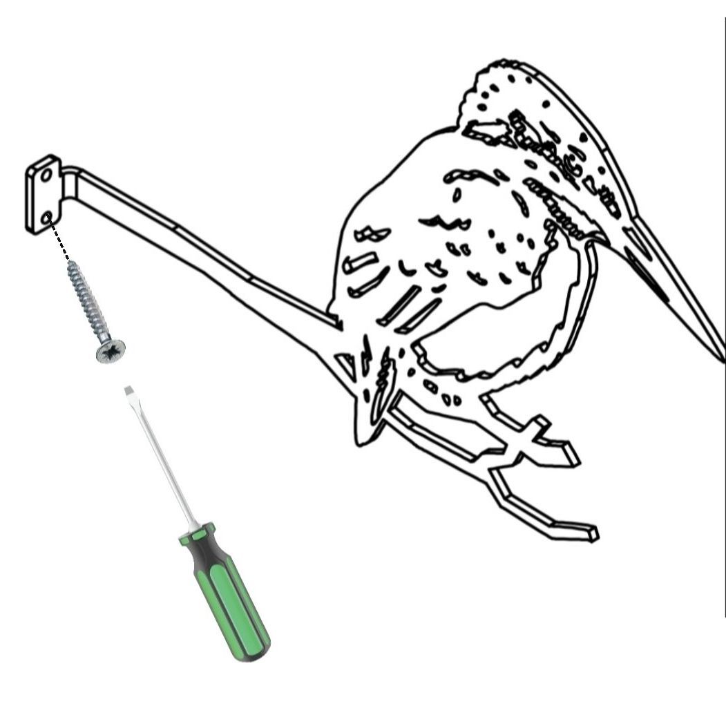 Een zwart-wit tekening van een vogel met een groene schroevendraaier ernaast.