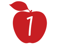 A red apple with a leaf and the number 1 on it.