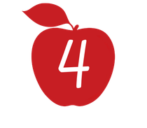 A red apple with a leaf and the number four on it
