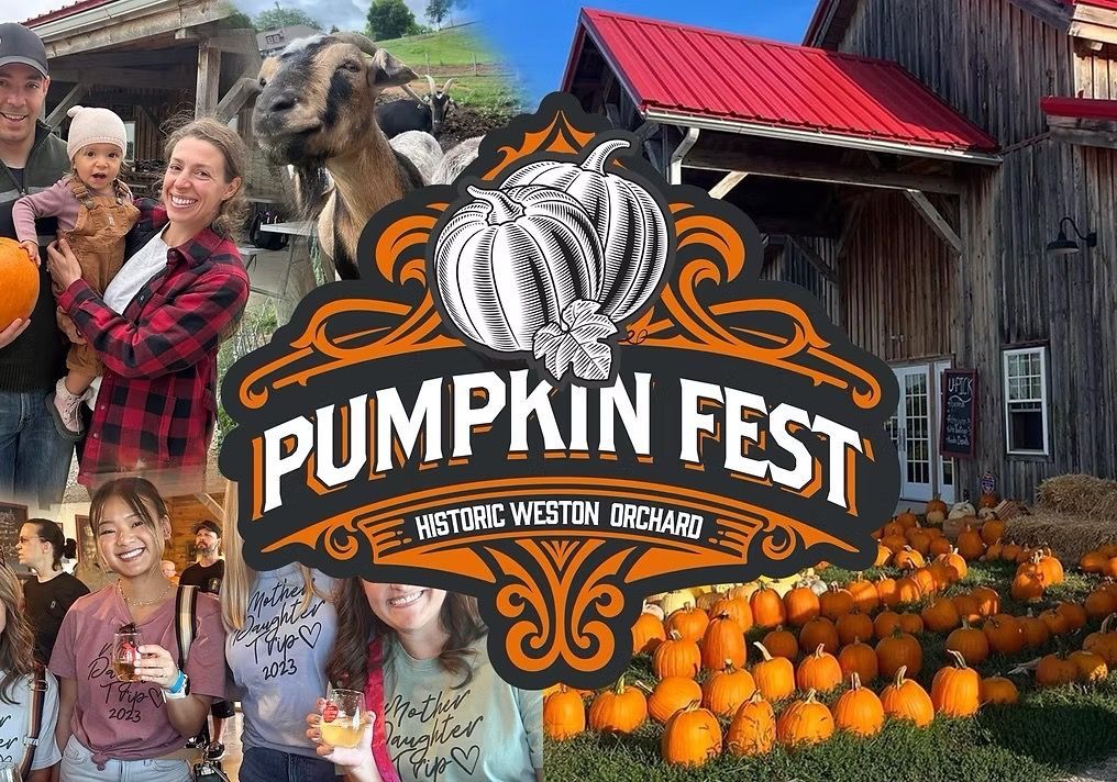 A pumpkin fest logo with a collage of pictures of people and pumpkins.