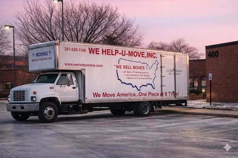 White moving truck in a parking lot, the box displaying