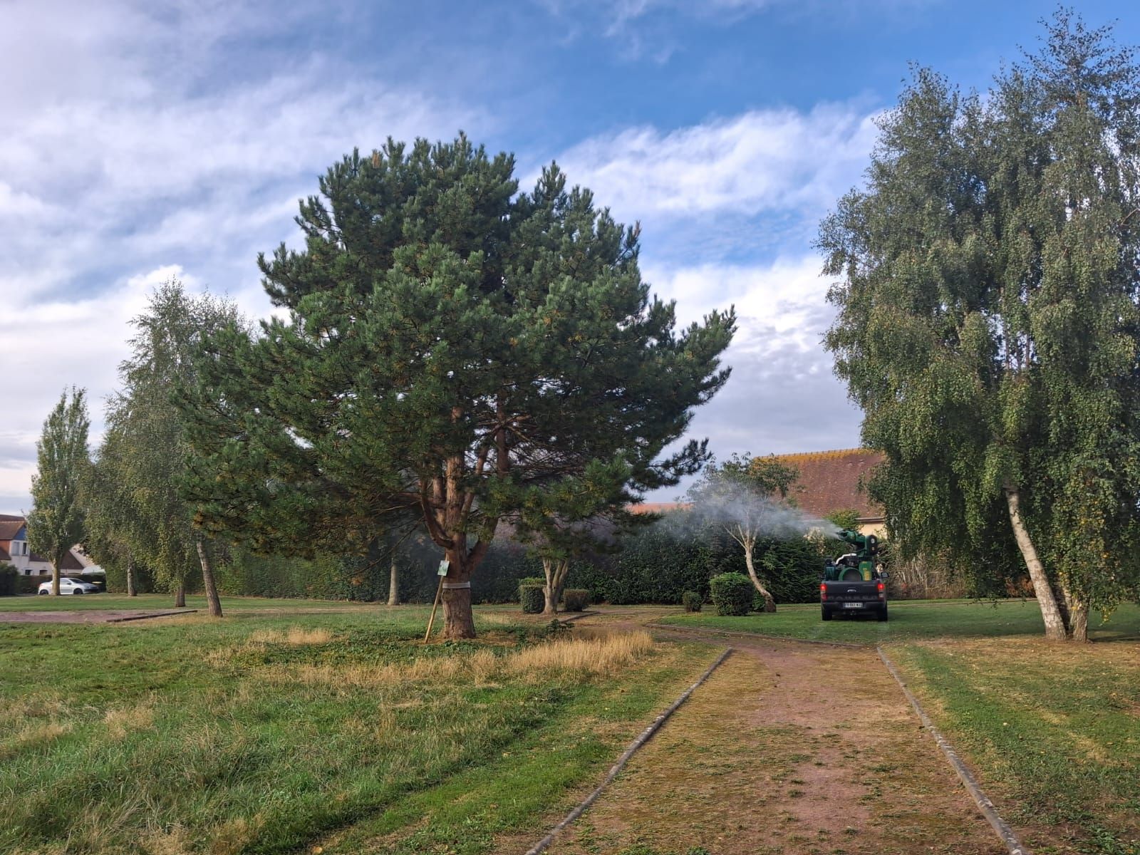 Pick up avec sa turbine pulvérisant la bactérie contre les chenilles processionnaires Intervention NGAN Calvados du 24 septembre : notre collègue spécialisé en lutte contre les chenilles processionnaires pulvérise Bacillus thuringiensis avec son pick-up équipé d’une turbine pour protéger les pins.