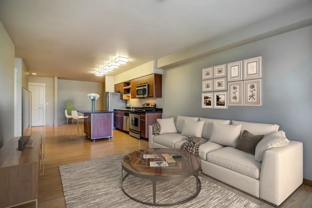 Living room with kitchen in background. Light blue walls, wood floors, white sofa, round coffee table, and area rug.