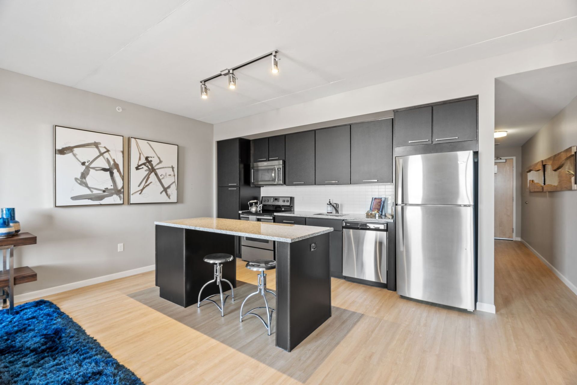 A kitchen with black cabinets and stainless steel appliances
