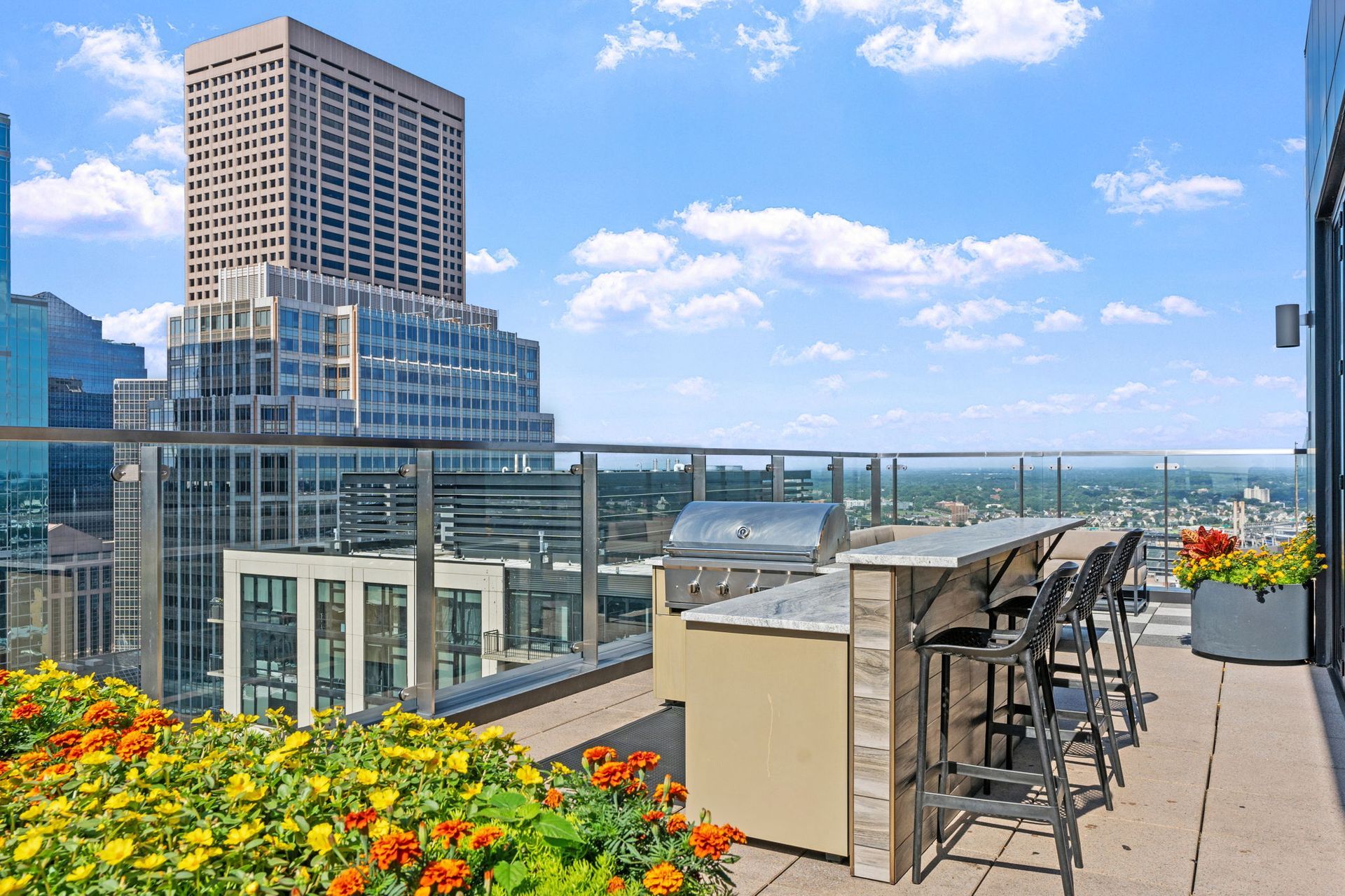 Rooftop patio with grill, bar seating, and city views under a blue sky with flowers.