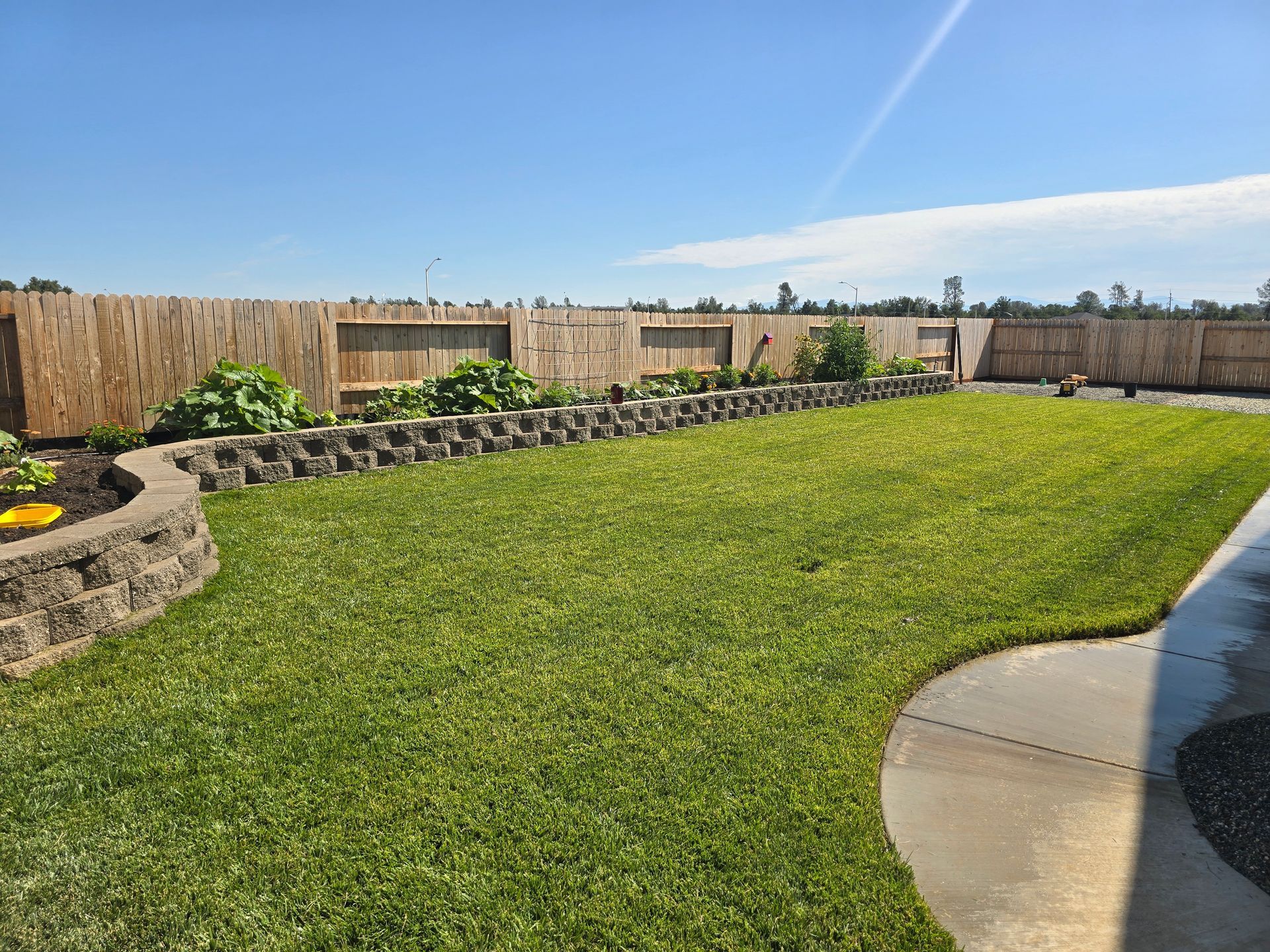 A lush green yard with a wooden fence and a stone wall.