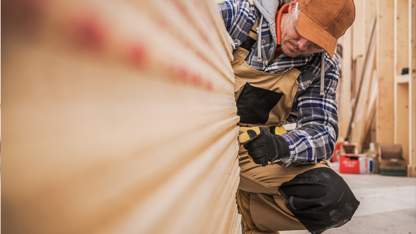 Construction worker kneeling beside a wall, measuring or installing insulation in a wooden-framed room