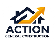 Action General Construction logo with navy house outline and orange upward arrow.