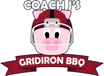 A logo for coach 's gridiron bbq with a pig wearing a football helmet