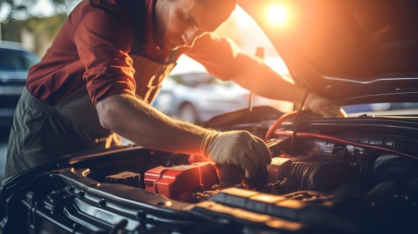 Mechanic working under an open car hood at sunset, checking the engine with warm light in the garage.