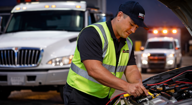 Tow truck operator in neon vest working on a car engine at roadside, with emergency vehicles behind