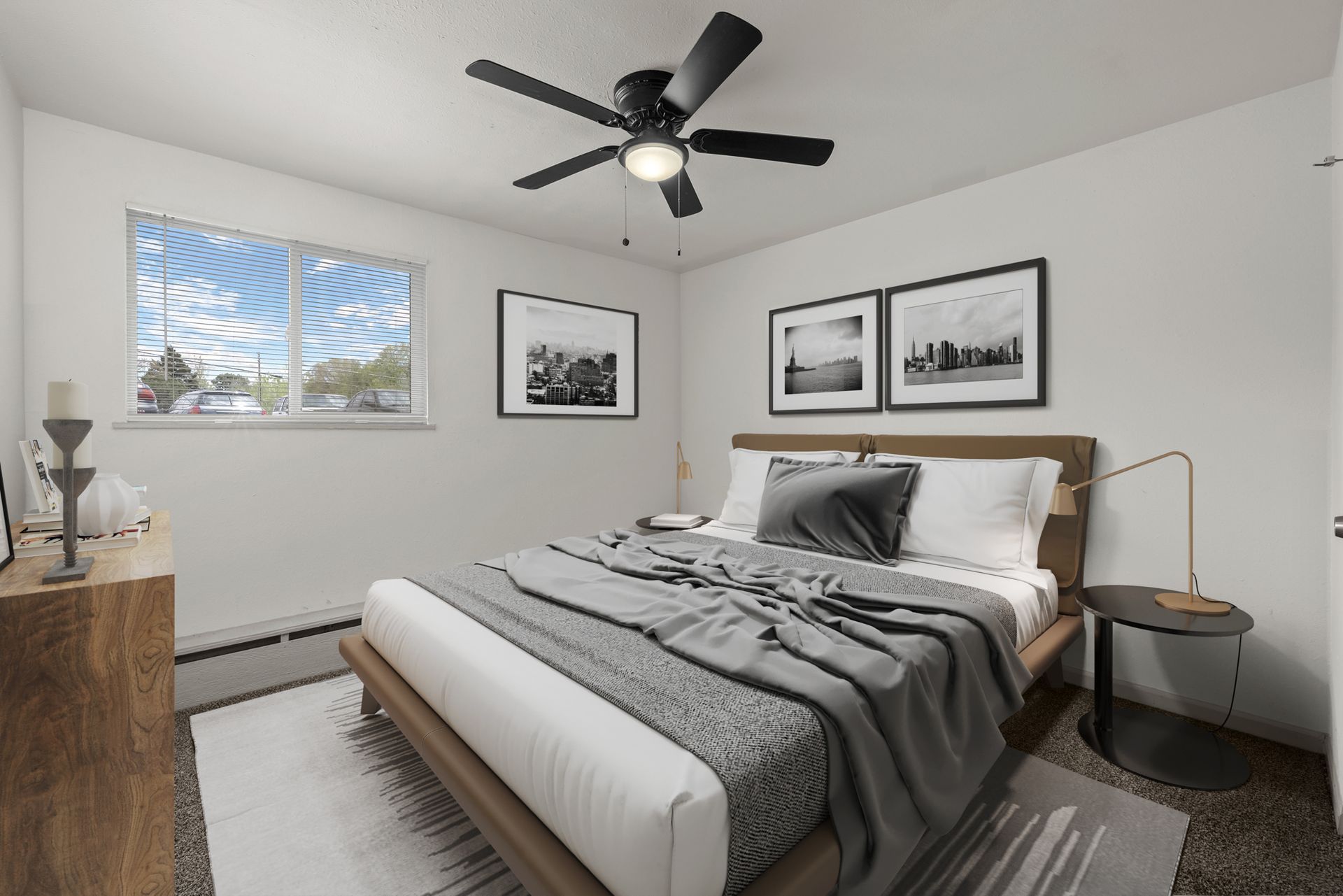 Photo showing a bedroom with a wide window