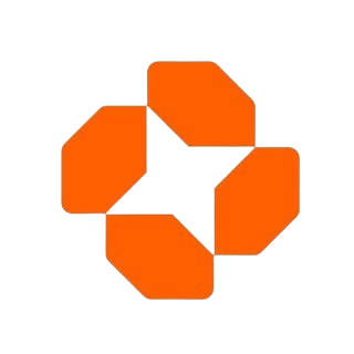 Logotipo geométrico naranja con cuatro cuadrados redondeados que forman un molinillo alrededor de un centro blanco.