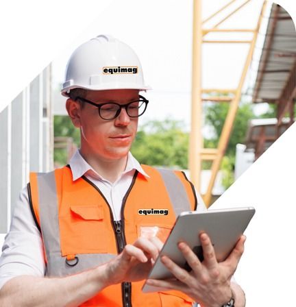 Obrero de la construcción con chaleco naranja y casco blanco inspeccionando maquinaria en una obra industrial.