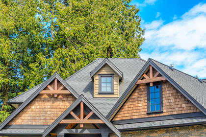 The roof of a house with a triangle shaped roof and a tree in the background.
