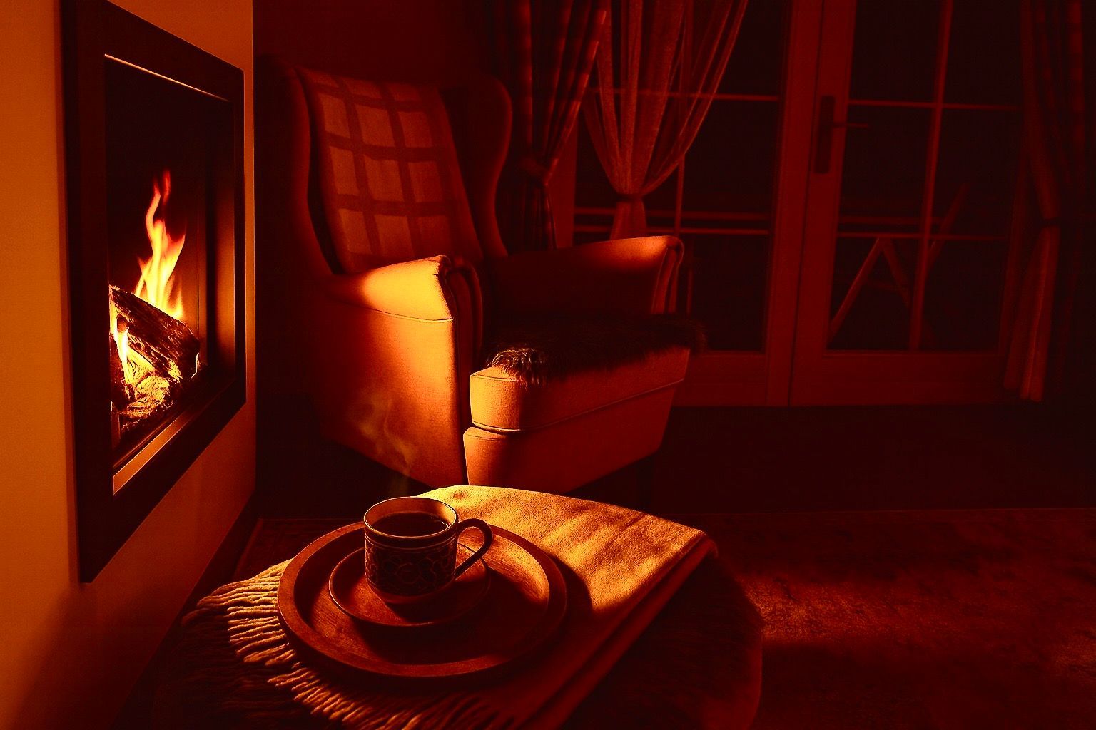 Wooden patio with seating, table, and view of greenery.