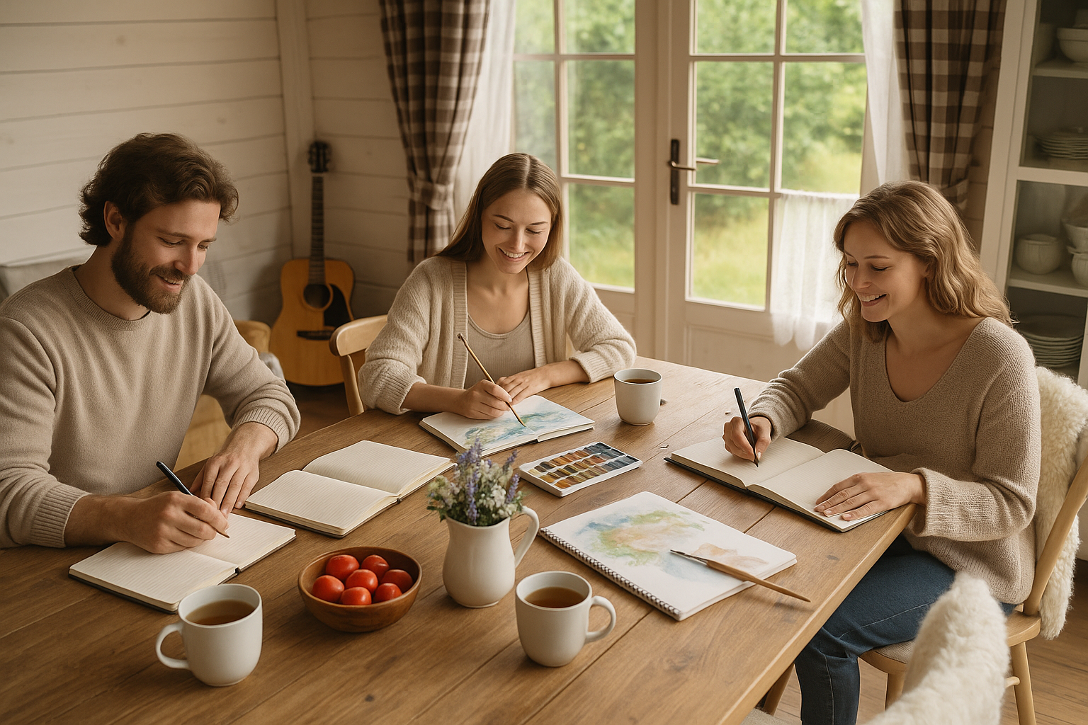 Three people sketching at a wooden table indoors; a man, and two women, smiling, with coffee cups and fruit.