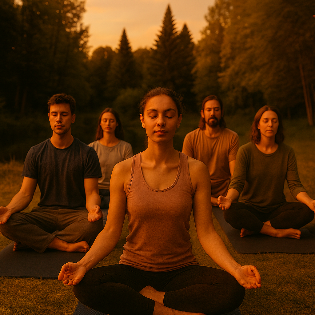 Group of people meditating outdoors in a grassy field at sunset.