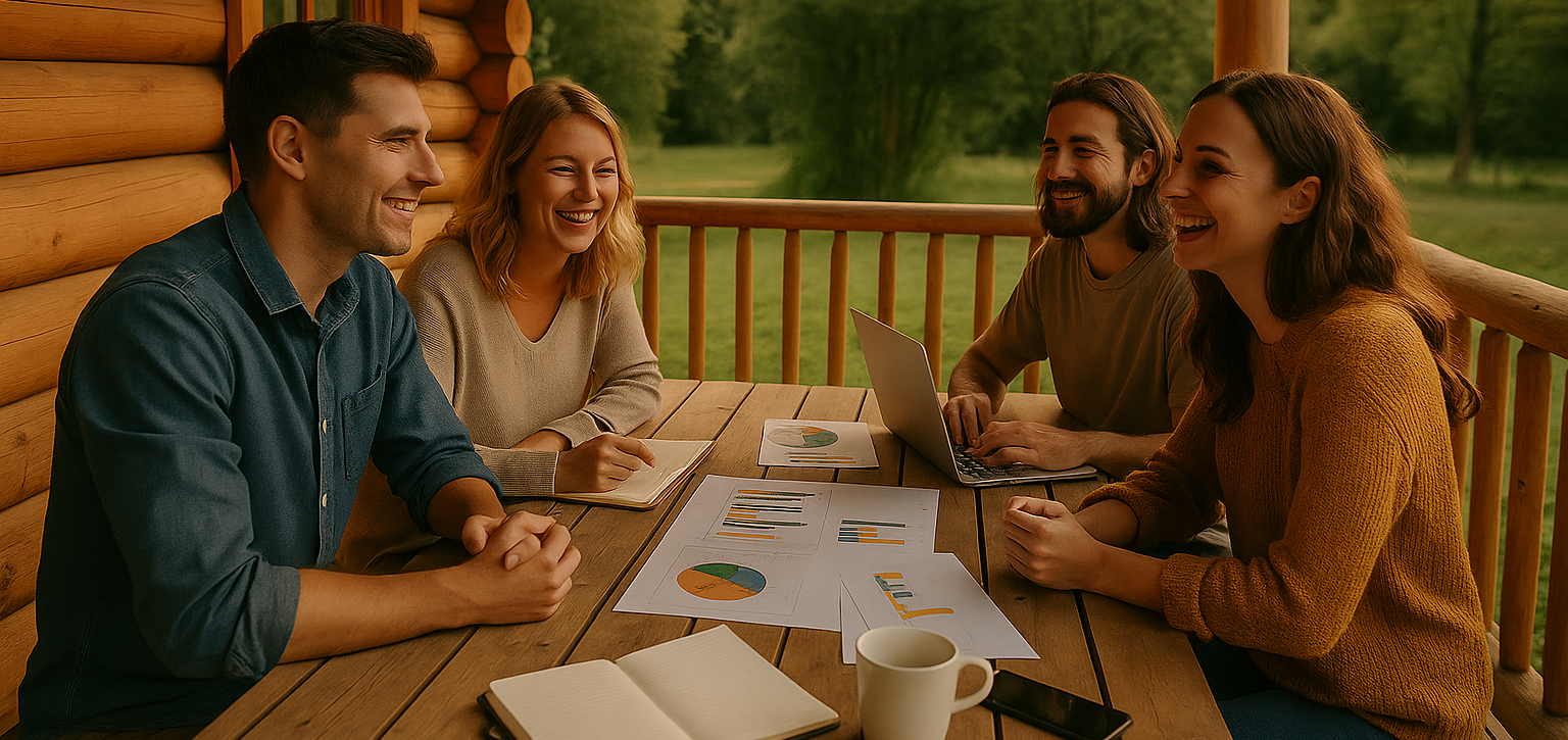 Four people laughing, collaborating around a wooden table on a porch in a natural setting.
