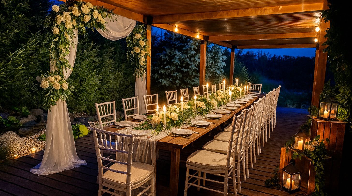 Outdoor wedding reception table set for a long dinner with candles, flowers, and string lights.