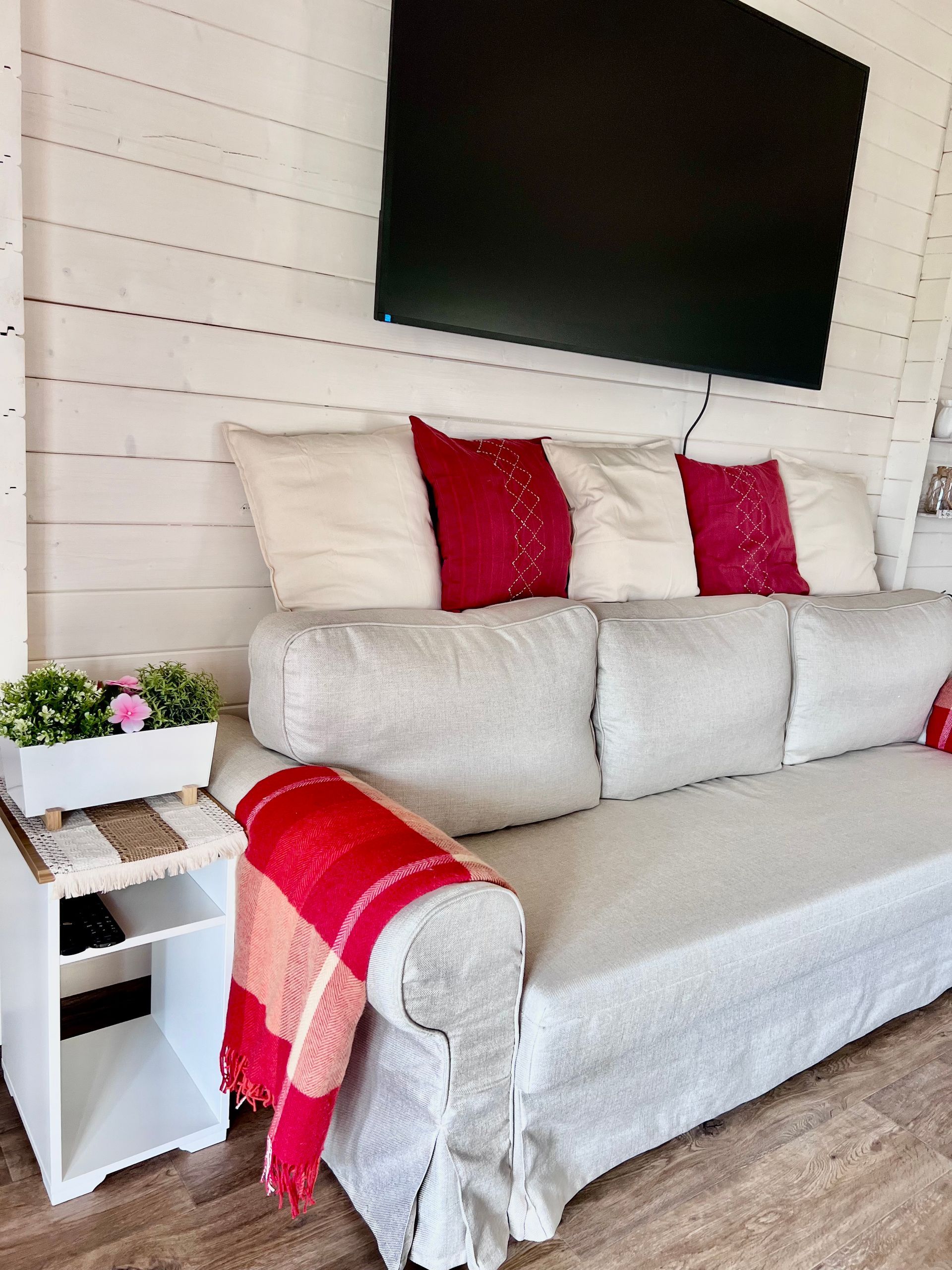 Living room with white shiplap wall, gray couch, red pillows/blanket, and TV.  A white side table with plants.
