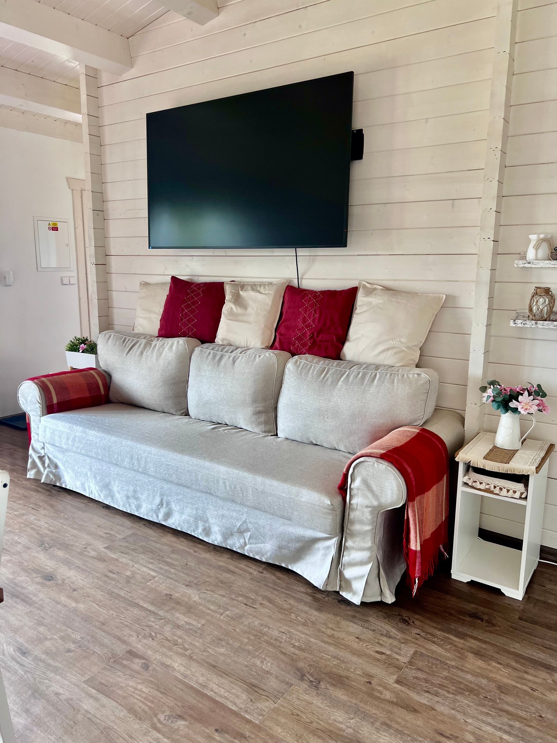 Cozy living room with a gray couch, decorative pillows, TV, and small side table.