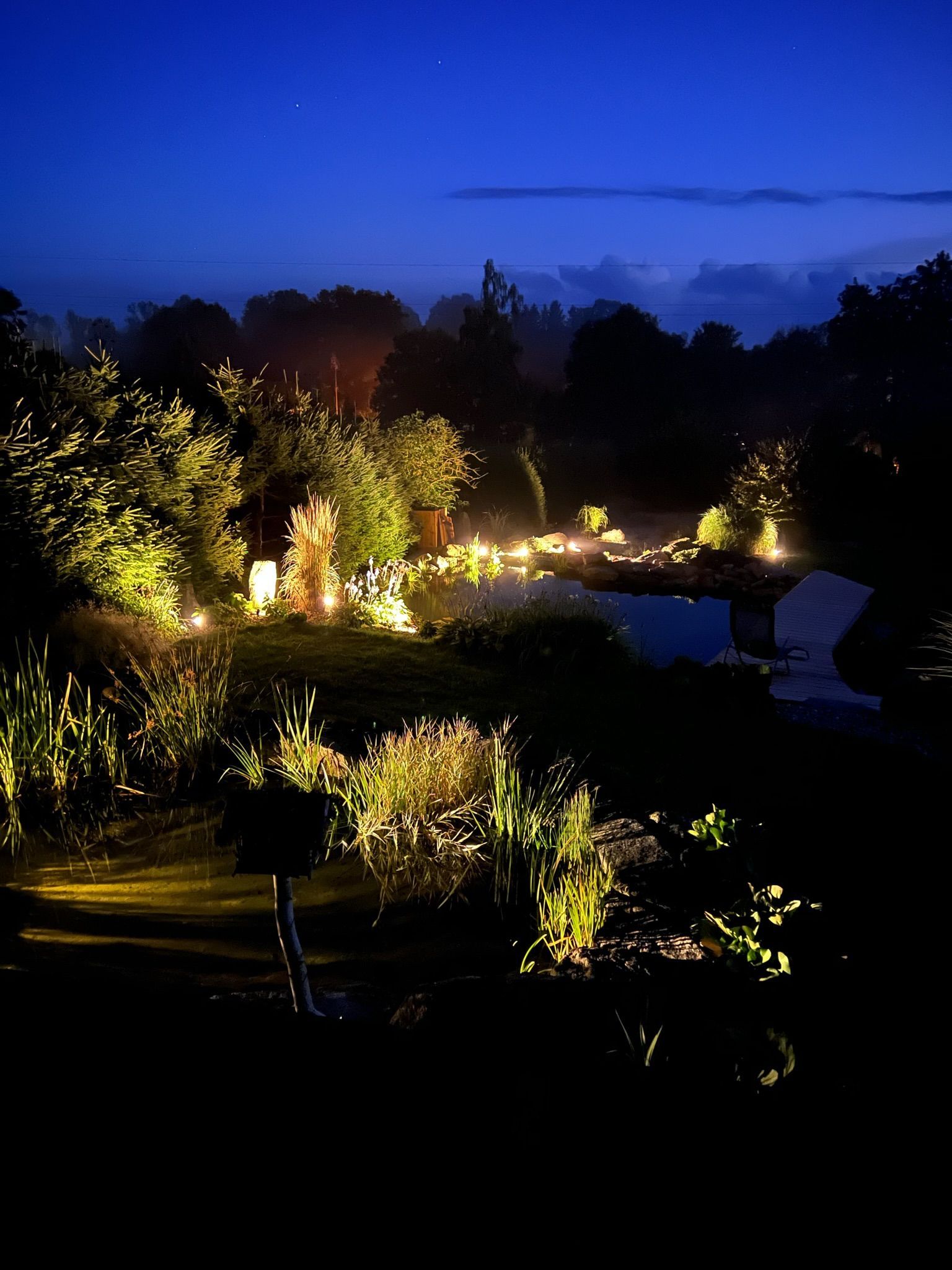 Night scene: garden illuminated with warm yellow lights against a dark blue twilight sky.