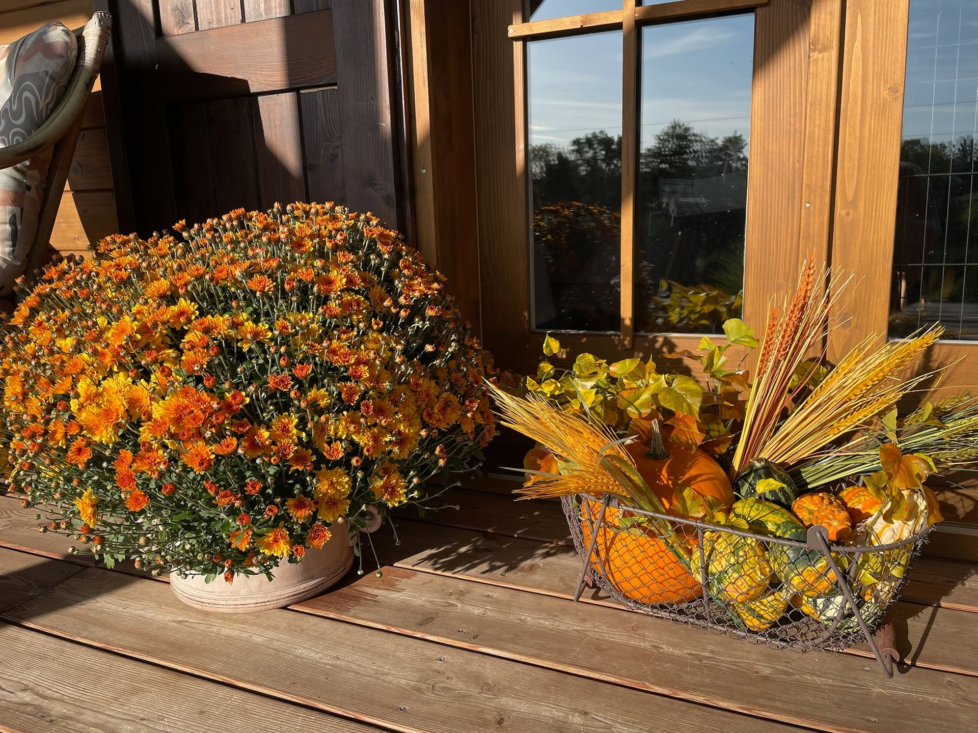 Orange mums and fall foliage arrangement on a wooden porch.