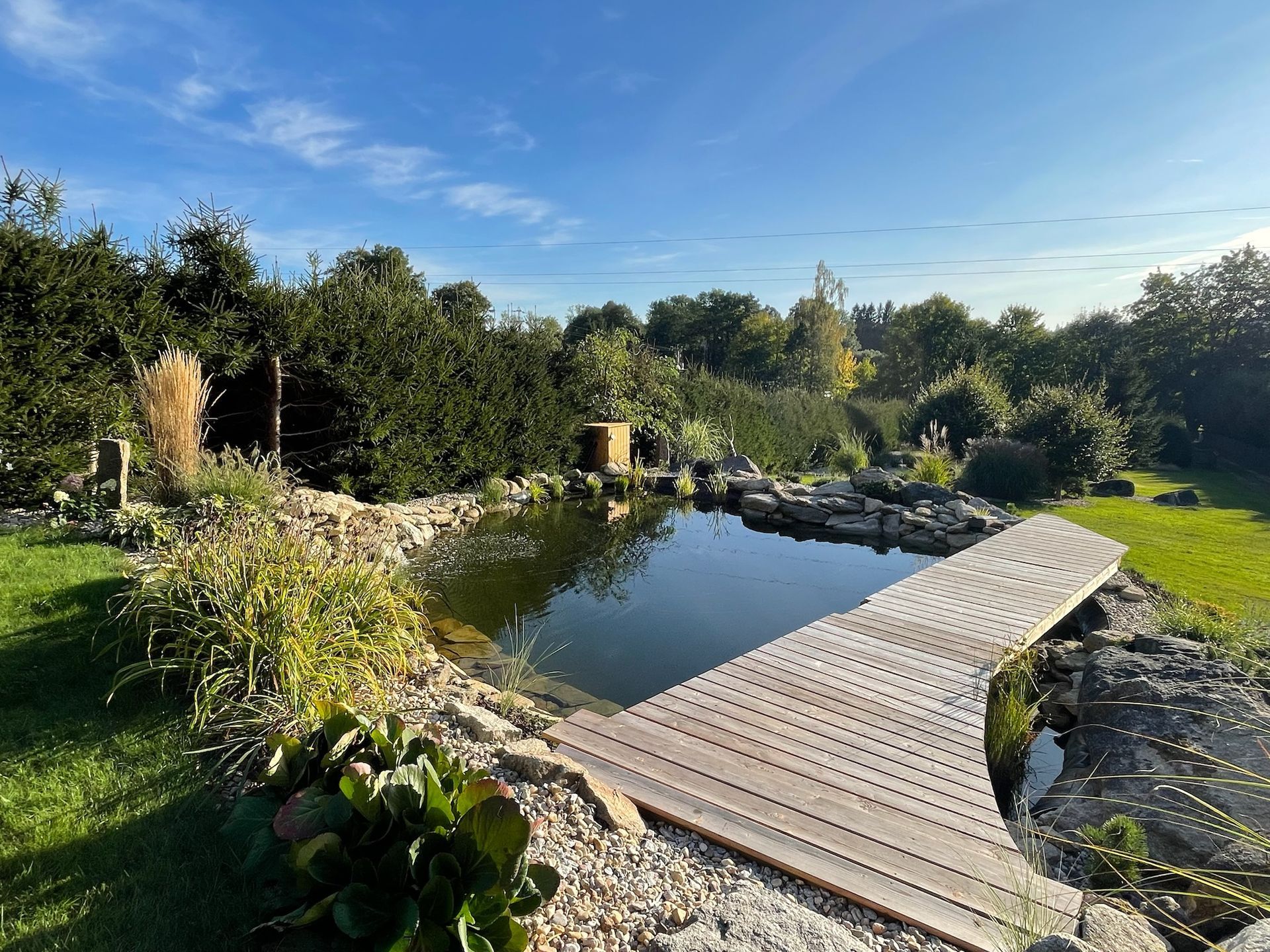 A pond with a wooden bridge, surrounded by rocks and green plants, under a blue sky.