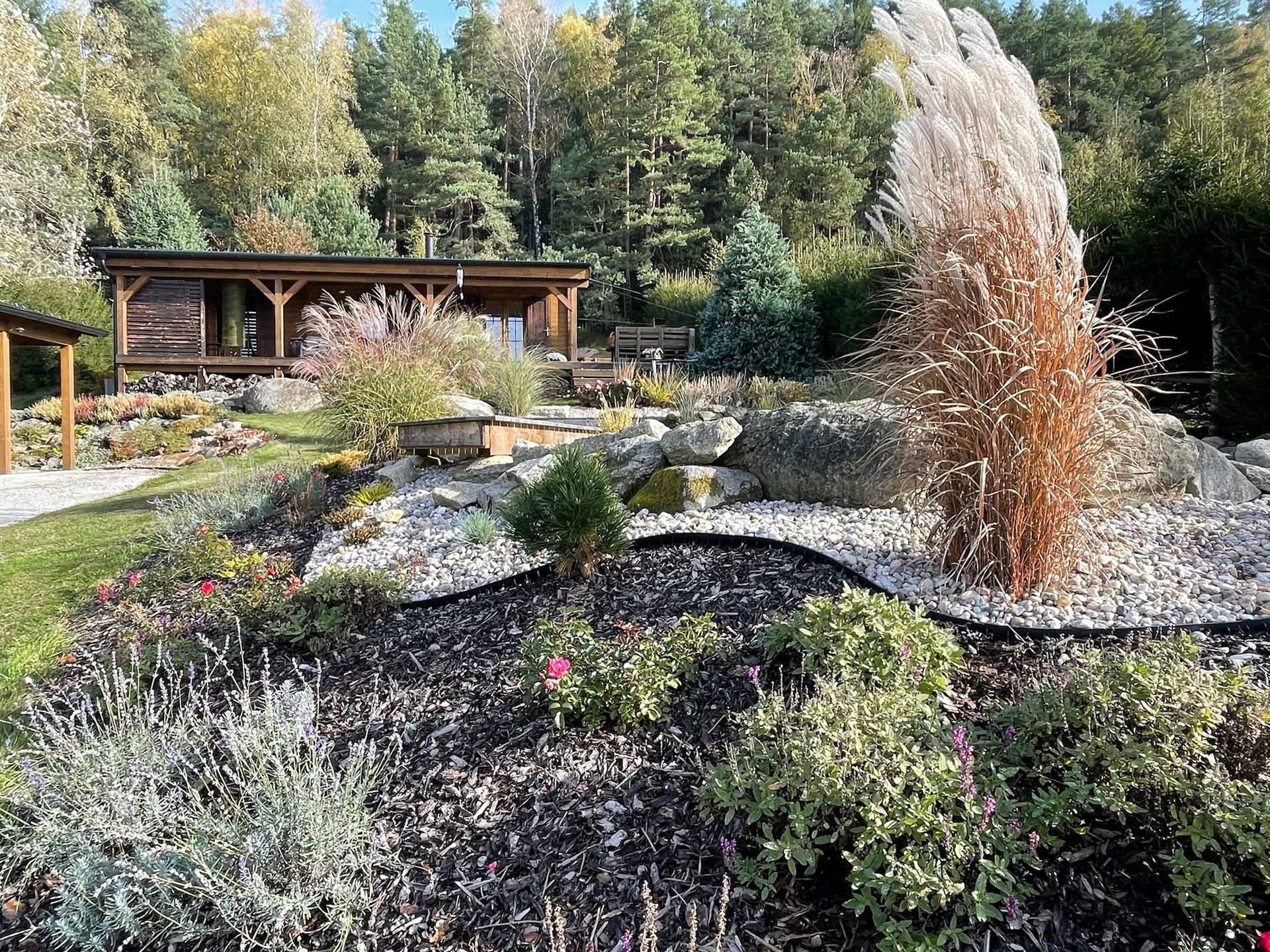 A garden with a wooden cabin in the background and diverse plants, including a large dry plant in the foreground.