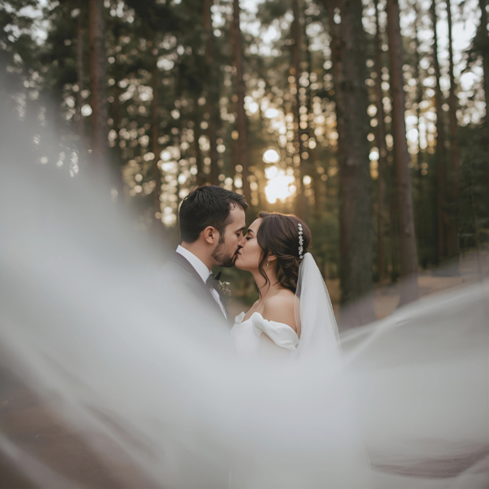 Nevěsta a ženich se líbají pod průsvitným závojem; venku se stromy v pozadí.