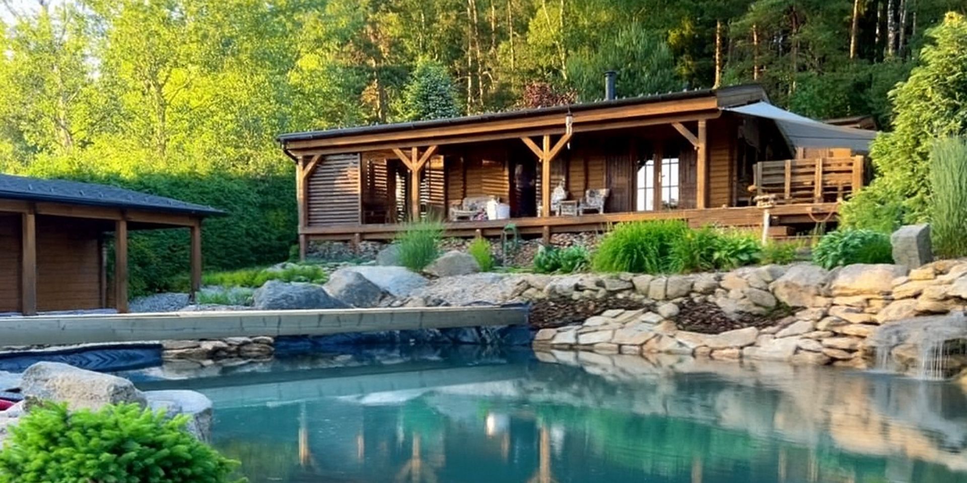Wooden cabin with a pond and bridge, surrounded by lush greenery, trees, and rocks.