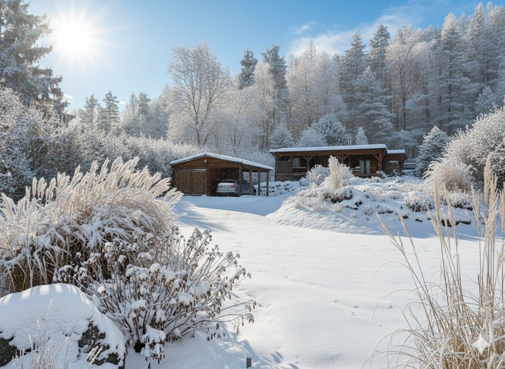 Wooden cabin exterior with a picnic table, bench, and windows with flower boxes.