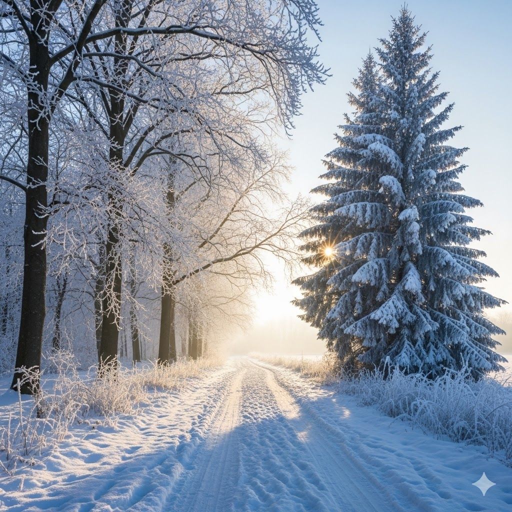 Snowy road through a frost-covered forest. Sunlight peeks through the trees.