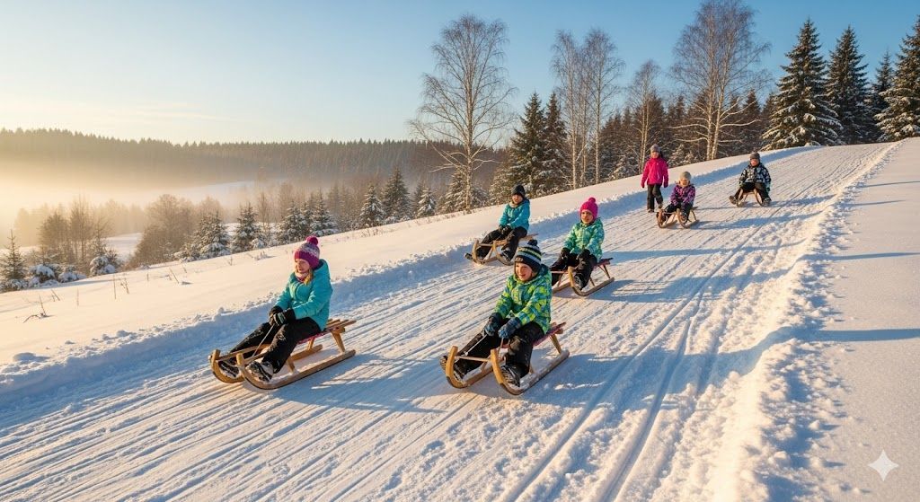 Wooden cabin with a porch, surrounded by wildflowers on a grassy hill.