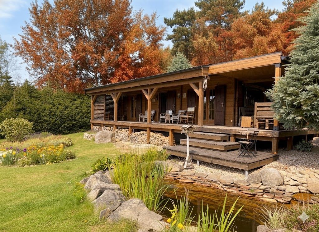 Wooden cabin with a porch, surrounded by fall foliage, a pond, and a garden.