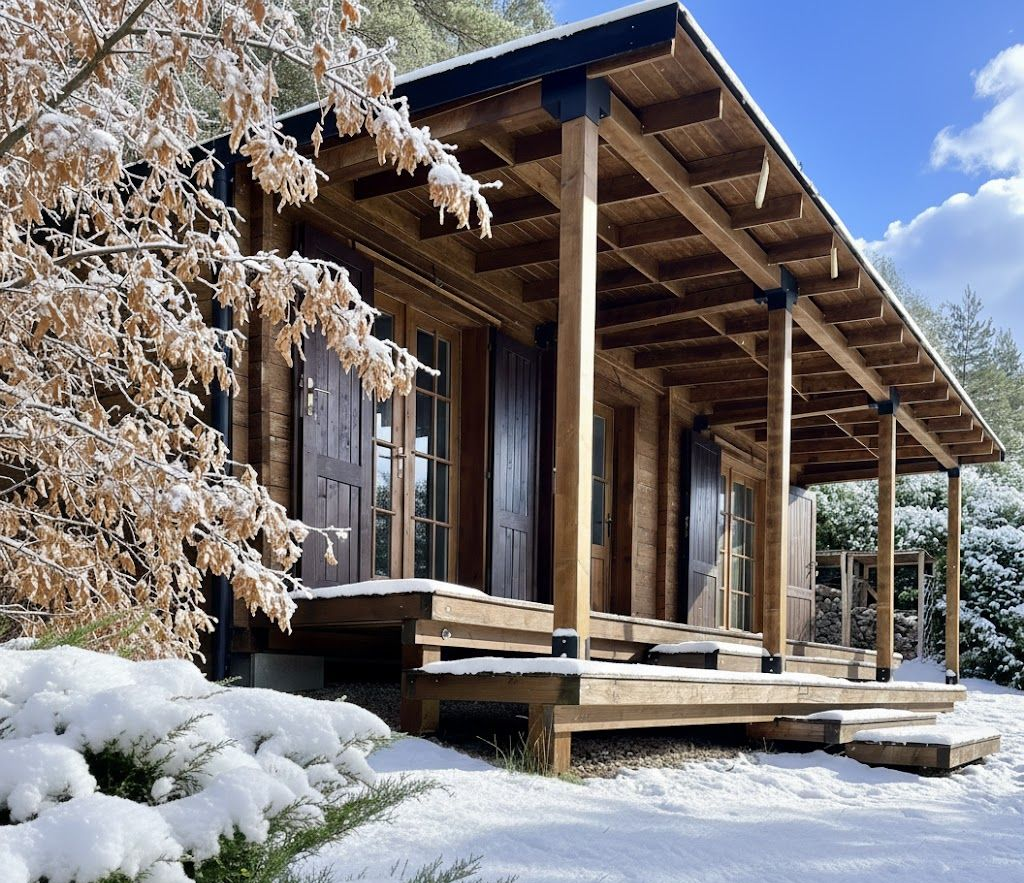 Wooden table and chairs set next to a pond with a birdhouse; lush green foliage surrounds the scene.