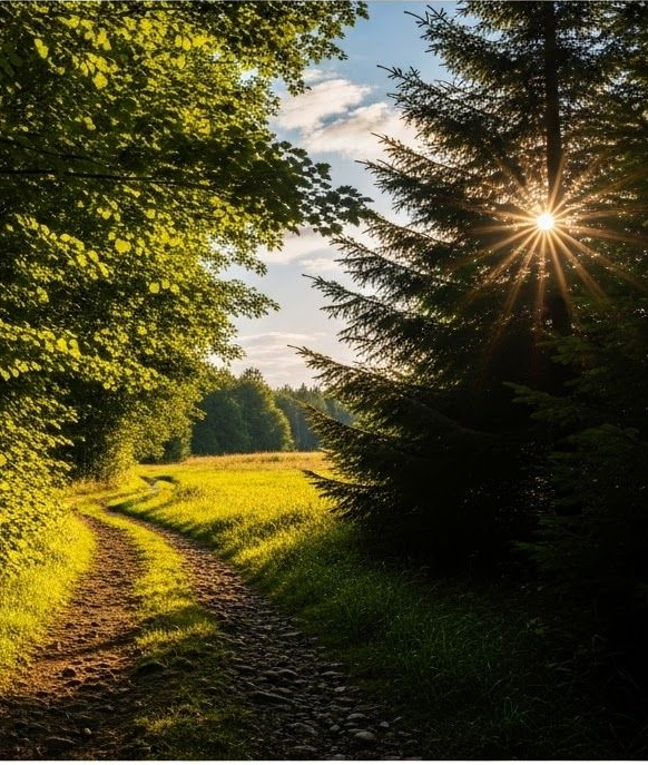Wooden cabin with a porch, overlooking a pond and surrounded by greenery on a sunny day.
