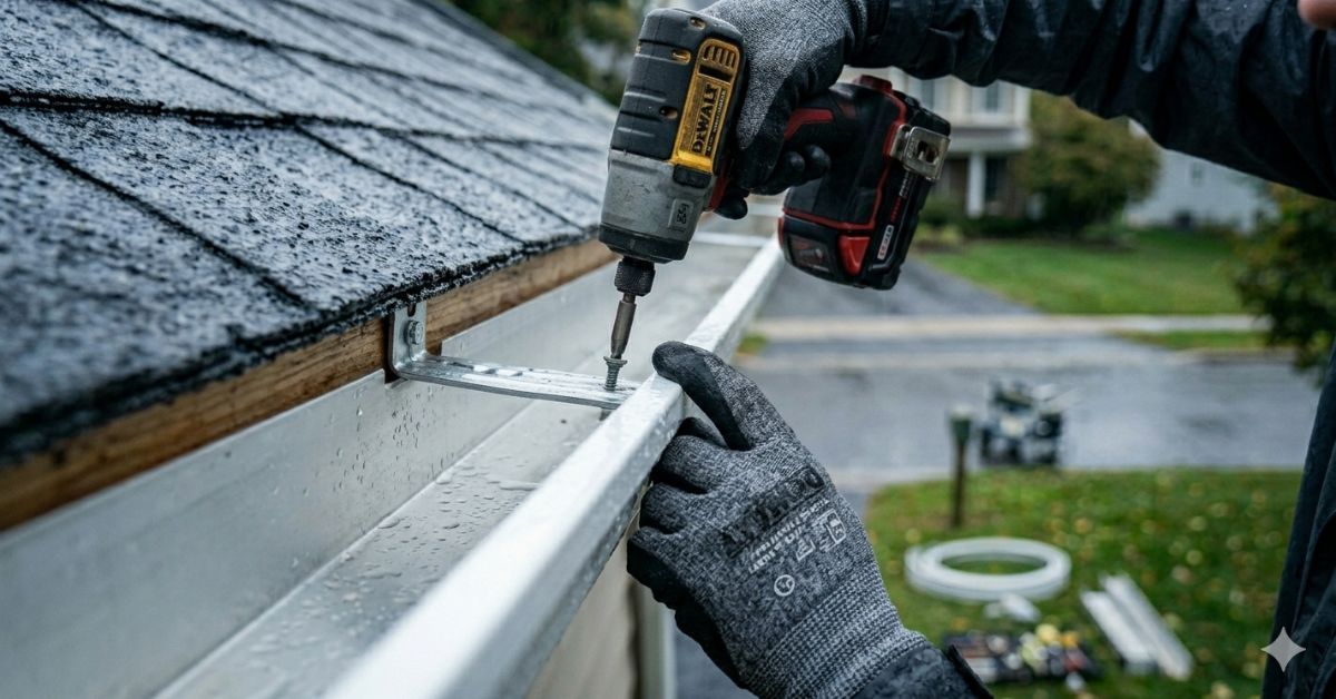 A roofer fixing gutter
