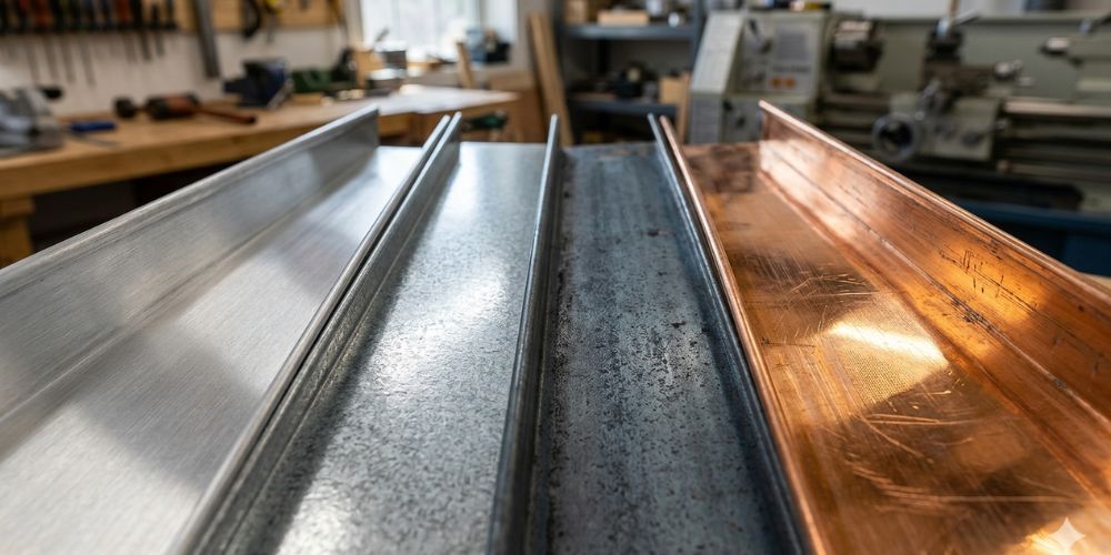Metal rails in a workshop, including silver, dark, and copper-colored finishes