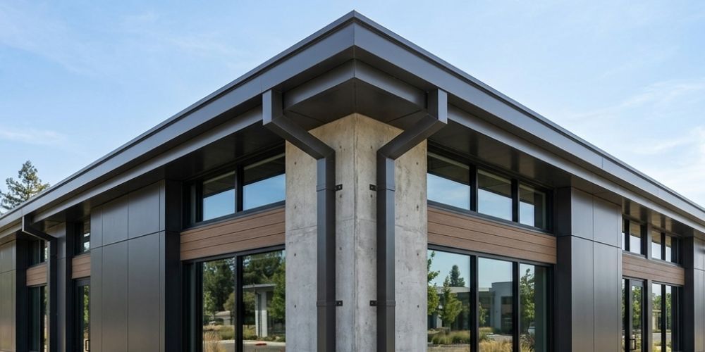 Modern two-story building with dark trim, wood accents, and large glass windows under a blue sky