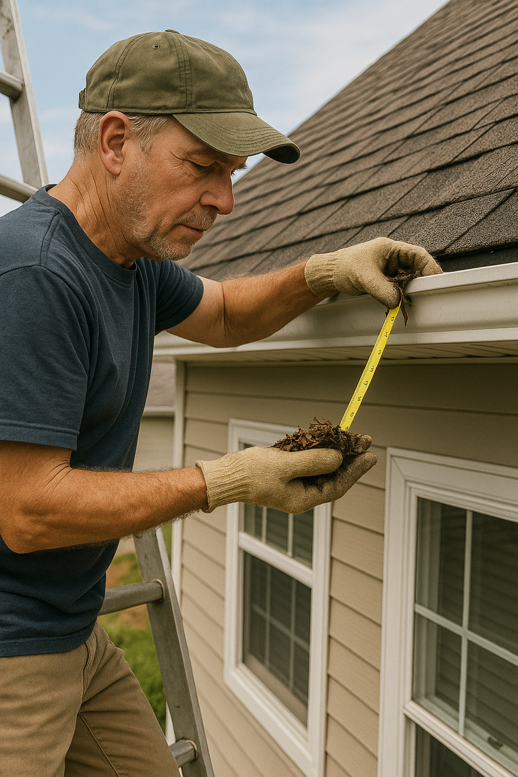 Roofer measuring gutter