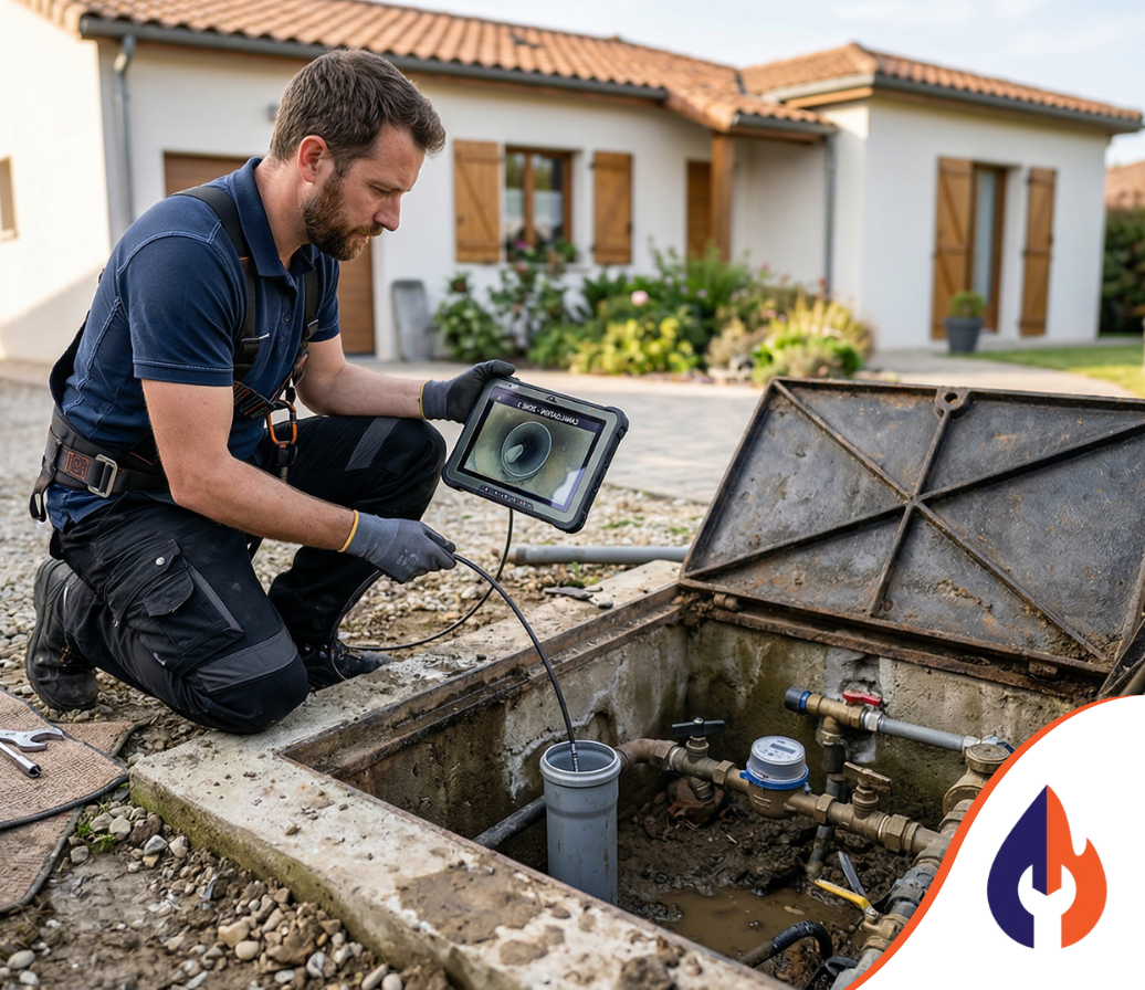 Un technicien utilise une caméra d'inspection de canalisations pour examiner la plomberie dans un boîtier de service souterrain situé à l'extérieur d'une maison.