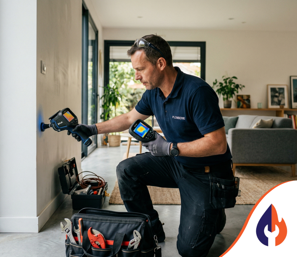 Un technicien utilise une caméra thermique pour inspecter un mur d'un salon, avec une sacoche à outils au premier plan.